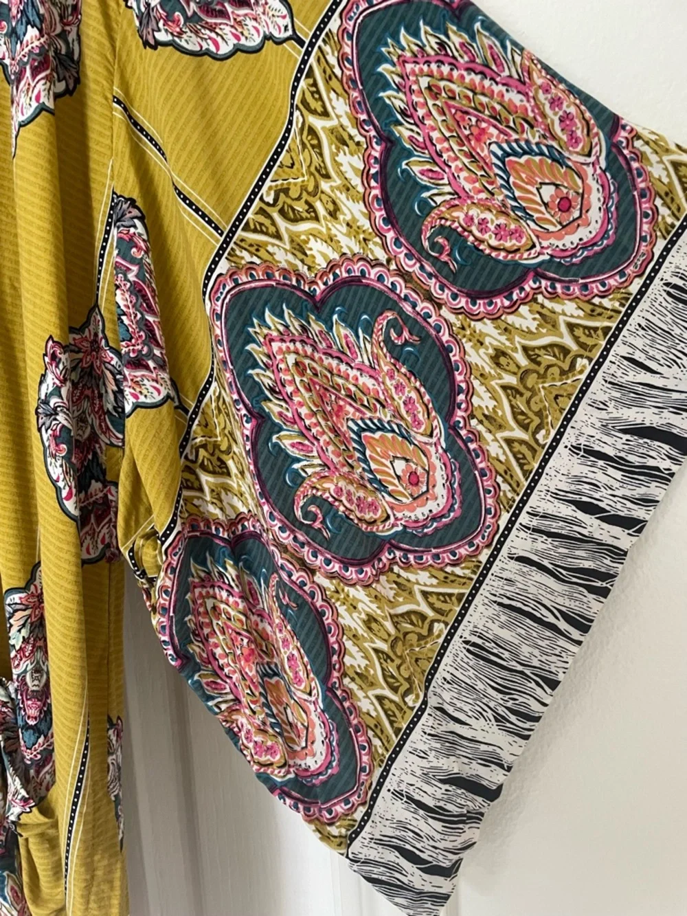 Jaase Mustard Yellow Olive Paisley Kimono Robe Cover-Up Duster M - Picture 5 of 10
